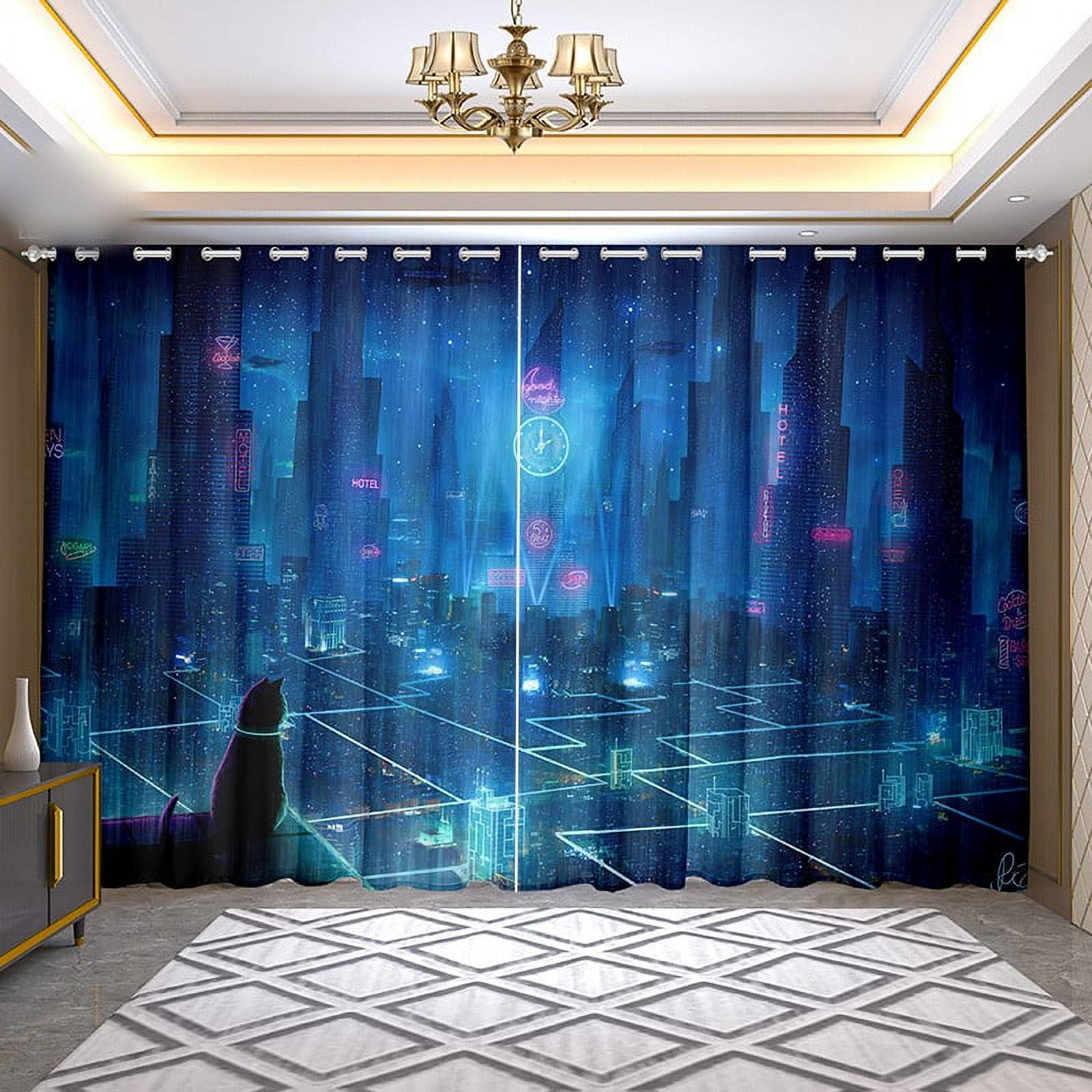 2 panel Cyberpunk Anime City View Curtains for Bedroom Living Room