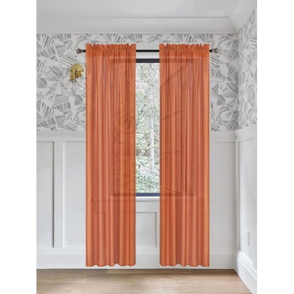 Gorgeous Home Linen 2 PC Solid Semi Sheer Faux Silk Rod Pocket Curtain Window Panel for any Room 55" Wide X 84"Long Each Orange Color