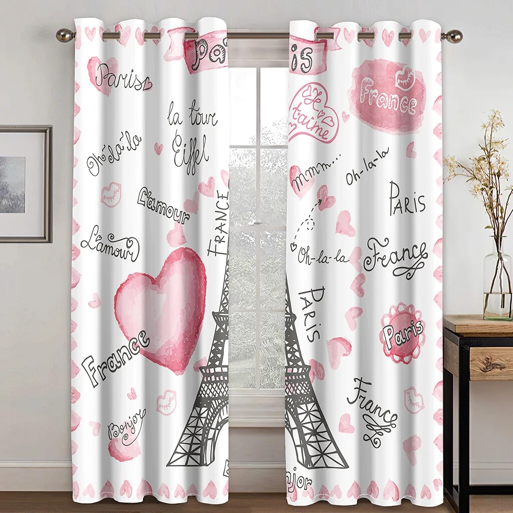 2 panels Romantic Eiffel Tower Print Curtains Line Graffiti Style