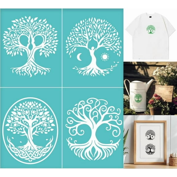 2 pc 2 Sheets Family Tree Silkscreen Stencil Tree of Life Painting Stencils Templates Reusable Self-Adhesive Silk Screen Printing for Wall Border Wood Fabric Home Decor 22x28cm