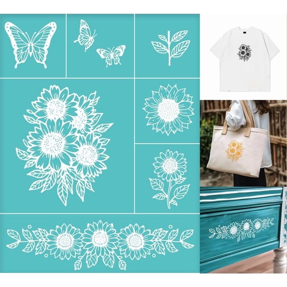 2 pc 2 Sheets Sunflower Silkscreen Stencil Flower Butterfly Painting Stencils Templates Reusable Self-Adhesive Silk Screen Printing for Wall Border Wood Fabric Home Craft Decor