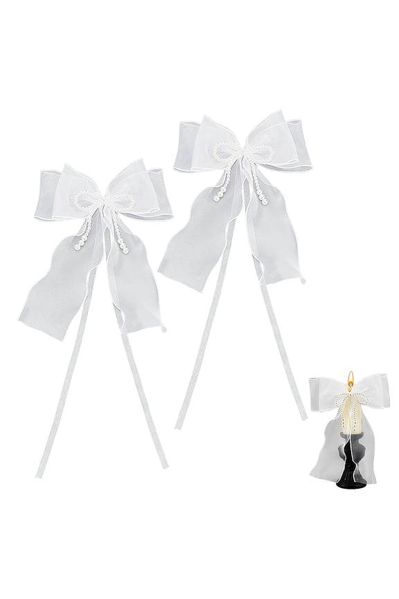2 pc 2Pcs Candle Drip Protectors Organza Bow Candle Rings Tulle Pearl Wax Drip Catchers Candle Drop Protection for Communion Christening Wedding Candles White