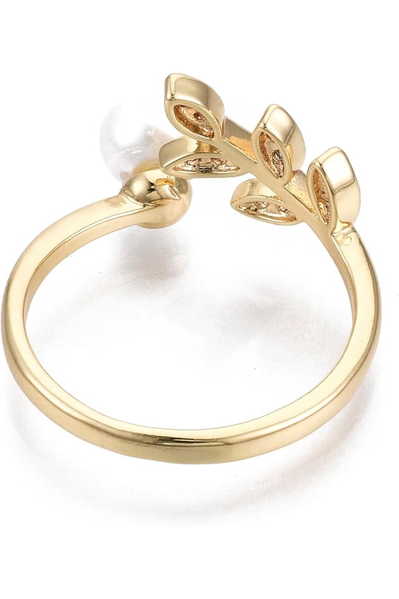 2 pc 2Pcs Real 18K Gold Plated Leaf Rings Brass Cubic Zirconia Cuff Finger Rings Open Rings with ABS Plastic Imitation Pearl Beads Size 8 ID: 18mm