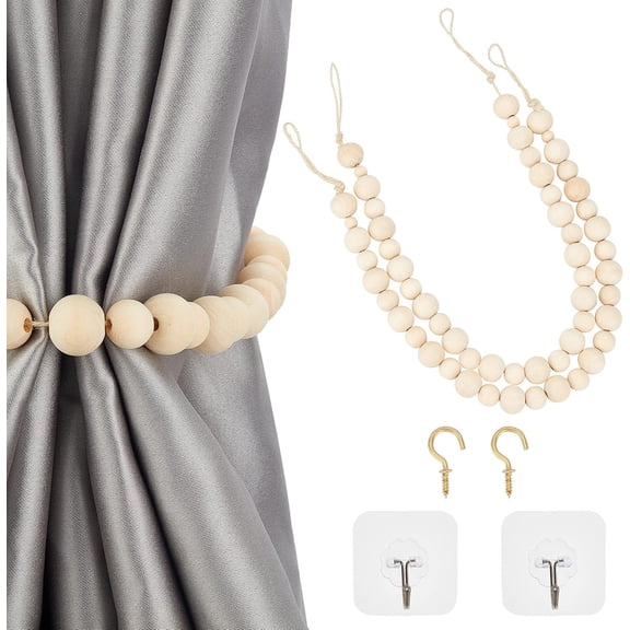 2 pc 2pcs Curtain Tiebacks 24 Inch Wooden Bead Curtain Strap Ties Wood Drape Tieback Window Treatment Curtain Holders Drapes for Farmhouse Garland Window Holder Holiday Decoration