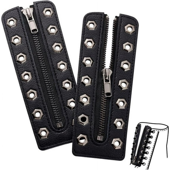 2 pc 2pcs Leather Lace-in Boot Zipper Inserts 6.3 x 2.2 Inch Black Cowhide Tieless Shoe Laces Eyelets Zipper Boot Laces 7 Holes No Tie Shoe Laces for Women Sneakers Laces Repair DIY Gunmetal