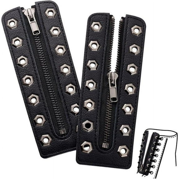 2 pc 2pcs Leather Lace-in Boot Zipper Inserts 6.3 x 2.2 Inch Black Cowhide Tieless Shoe Laces Eyelets Zipper Boot Laces 7 Holes No Tie Shoe Laces for Women Sneakers Laces Repair DIY Gunmetal