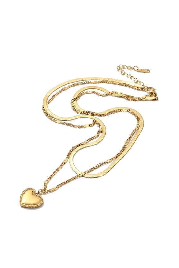 2 pc 304 Stainless Steel Herringbone Curb Chains Double Layer Necklaces with Heart Pendants Golden 15.83 inch(40.2cm)
