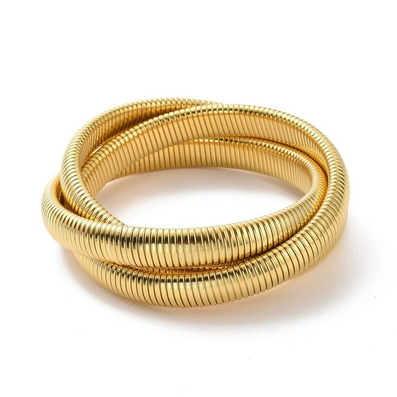 2 pc 304 Stainless Steel Interlocking Flat Snake Chains Bracelet Triple Rows Stretch Intertwined Bracelet for Women Golden Inner Diameter: 2-1/2 inch(6.4cm)