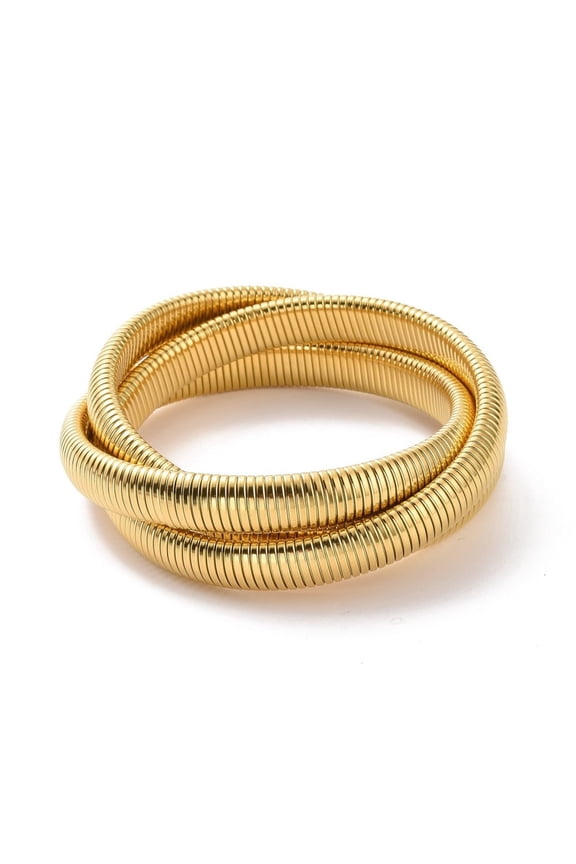 2 pc 304 Stainless Steel Interlocking Flat Snake Chains Bracelet Triple Rows Stretch Intertwined Bracelet for Women Golden Inner Diameter: 2-1/2 inch(6.4cm)