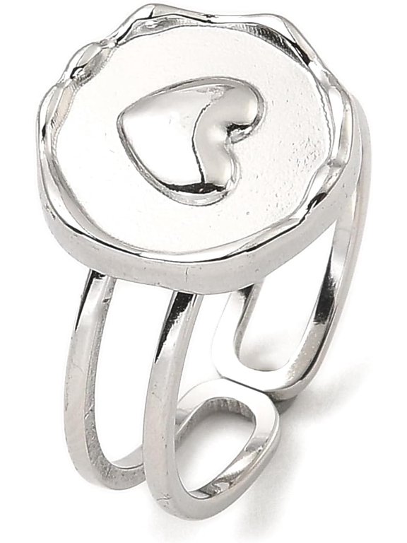 2 pc 304 Stainless Steel Open Cuff Rings Flat Round with Heart Stainless Steel Color Size 6 3/4(17.1mm)