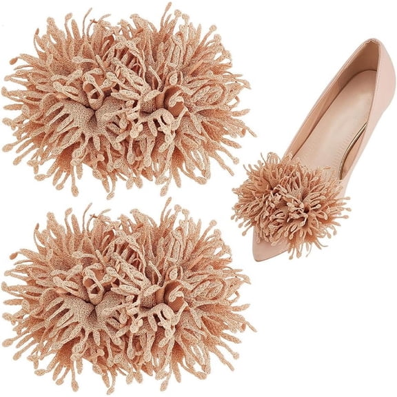 2 pc 3D Fabric Flower Clips Detachable High Heels Buckle Wedding Cloth Artificial Flower Decor Charms Unique Burned Edge Embellishment for Flats Pumps for diy BurlyWood