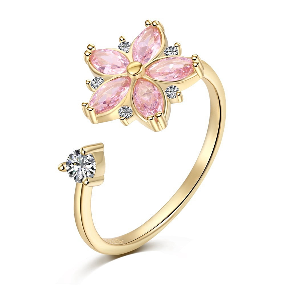 2 pc 925 Sterling Silver Open Finger Rings with Cubic Zirconia for Women Peach Flower Anxiety Worry Fidget Spinner Ring Real 18K golden Plated 1.5mm US Size 7(17.3mm)