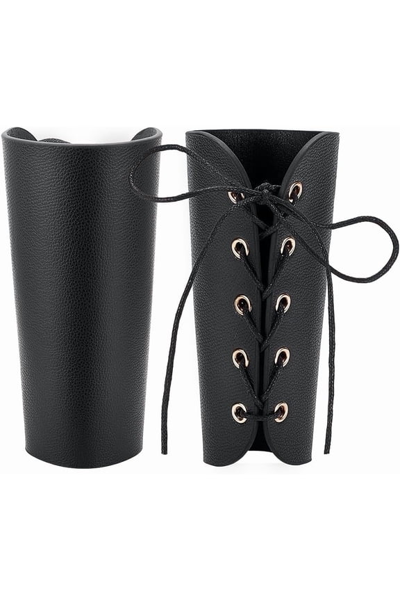 2 pc Adjustable PU Leather Cord Bracelets with Alloy Buckles Gauntlet Wristband Cuff Wrist Guard Black 6-1/8 inch(15.6cm)