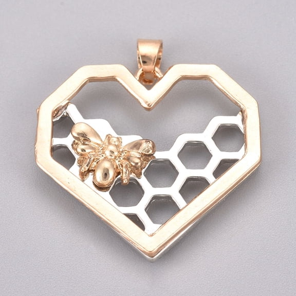 2 pc Alloy Pendants Heart with Bees and Honeycomb for Jewelry Making Platinum Golden 37.2x28.5x4mm Hole: 4.2x3.2mm