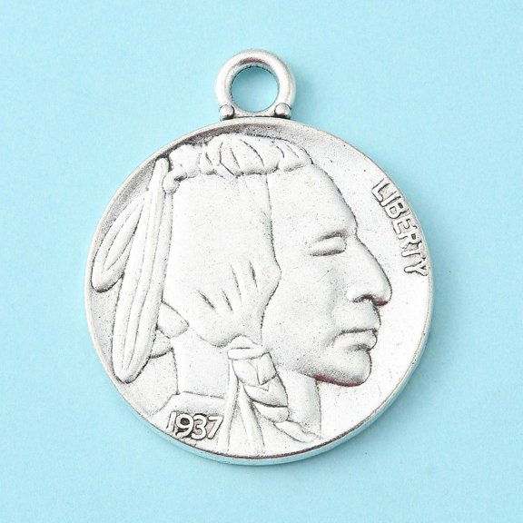 2 pc Antique Silver Tibetan Style Alloy Coin Pendants Flat Round with Indian Head and Buffalo Cadmium Free & Lead Free 40x33x3mm Hole: 4mm