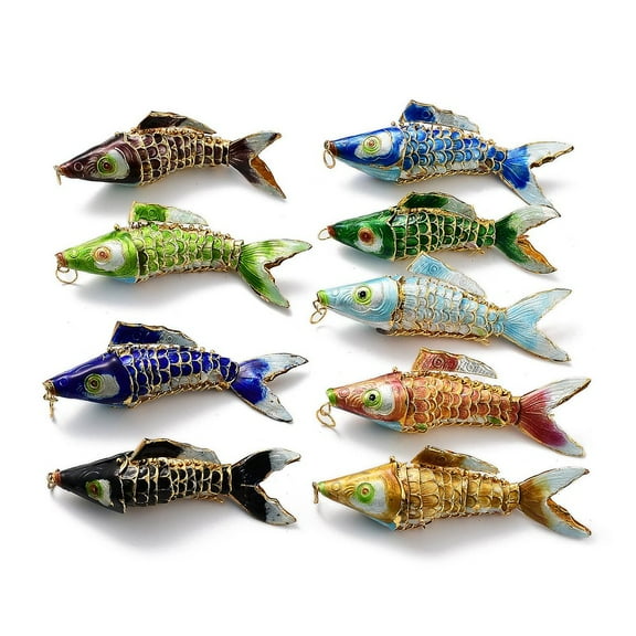 2 pc Brass Cloisonne Pendants Gold Fish Charms with Jump Rings Golden Mixed Color 95~98x23~24x30~33mm Hole: 6.5mmDIY