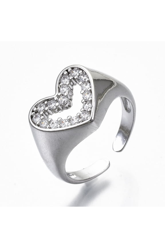 2 pc Brass Micro Pave Clear Cubic Zirconia Cuff Rings Open Rings Wide Band Rings Cadmium Free & Nickel Free & Lead Free Heart Real Platinum