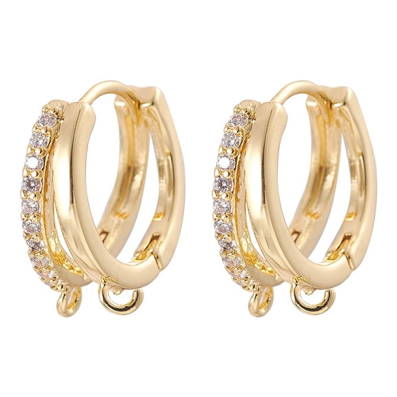 2 pc Brass Micro Pave Clear Cubic Zirconia Hoop Earring Findings with Horizontal Loops Real 18K Gold Plated 17x15x6mm Hole: 1.6mm Pin: 0.8mm