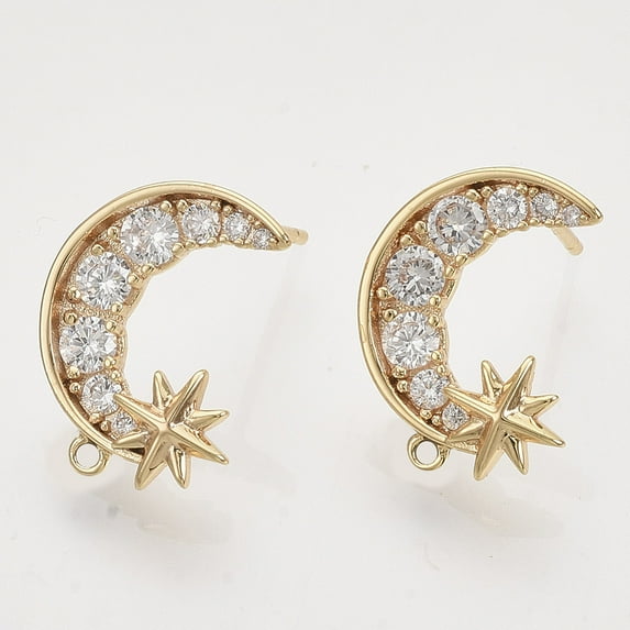 2 pc Brass Micro Pave Clear Cubic Zirconia Stud Earring Findings,Moon ...