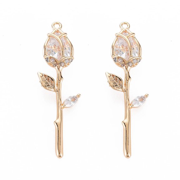 2 pc Brass Micro Pave Cubic Zirconia Pendants Nickel Free Real 18K golden Plated Rose Flower Clear 29x9x5mm Hole: 1mm