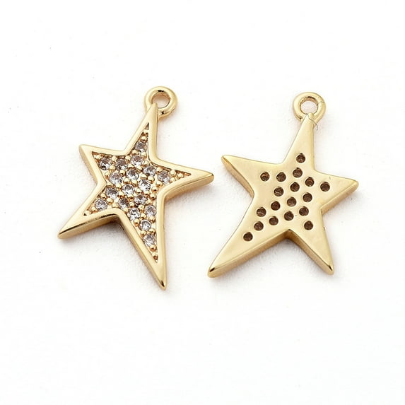 2 pc Brass Micro Pave Cubic Zirconia Pendants Star Clear Nickel Free Real 18K golden Plated 15x10x1.5mm Hole: 1mm