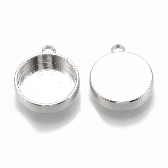 2 pc Brass Pendant Cabochon Settings Plain Edge Bezel Cups Flat Round Nickel Free Real Platinum Plated Tray: 12mm 16x13.5x3.5mm Hole: 1.5mm