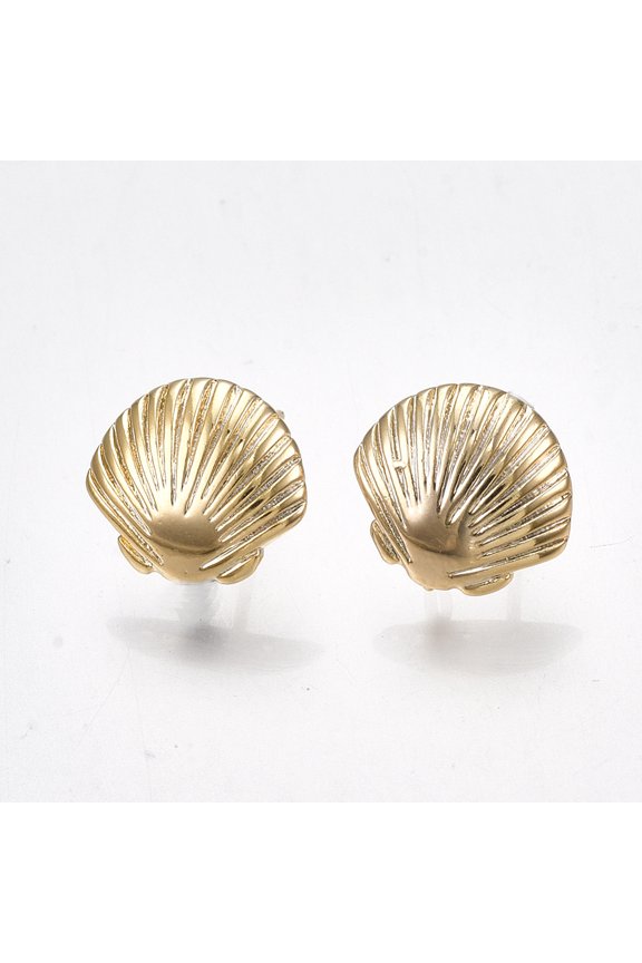 2 pc Brass Stud Earring Findings Shell Real 18K Gold Plated 11x11.5mm Hole: 1.2mm Pin: 0.7mm