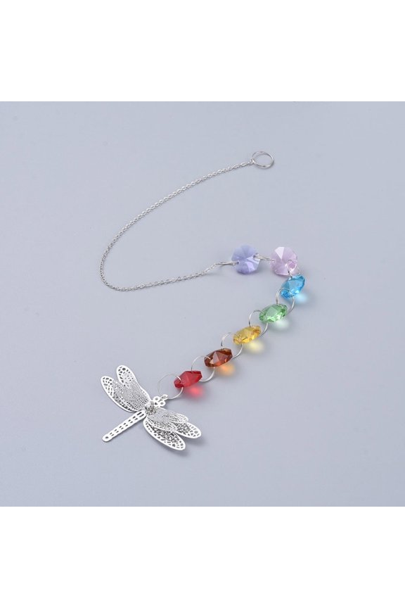 2 pc Chandelier Suncatchers Prisms Octogon Glass Chakra Hanging Pendant with Dragonfly Iron Pendant and Cable Chain Faceted Platinum 400x2mm