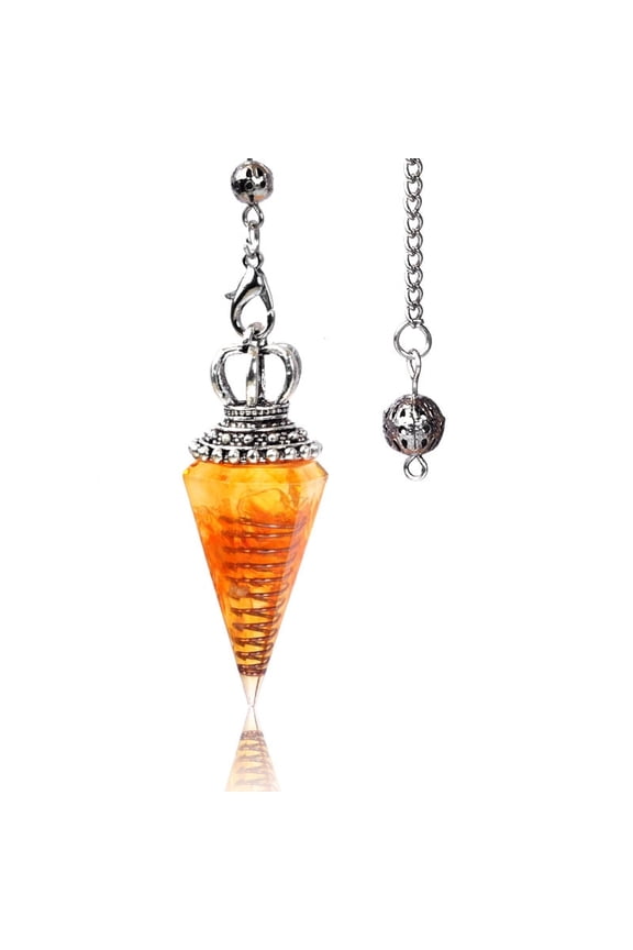 2 pc Citrine Chip Resin Dowsing Pendulum Big Pendants with Platinum Plated Metal Crown Cone Charm 300mm