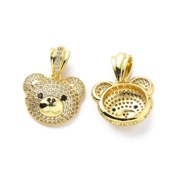 2 pc Clear Black Cubic Zirconia Pendants with Brass Findings Bear Head Charm Real 18K golden Plated 16x17.5x6.5mm Hole: 3.5x6.5mm