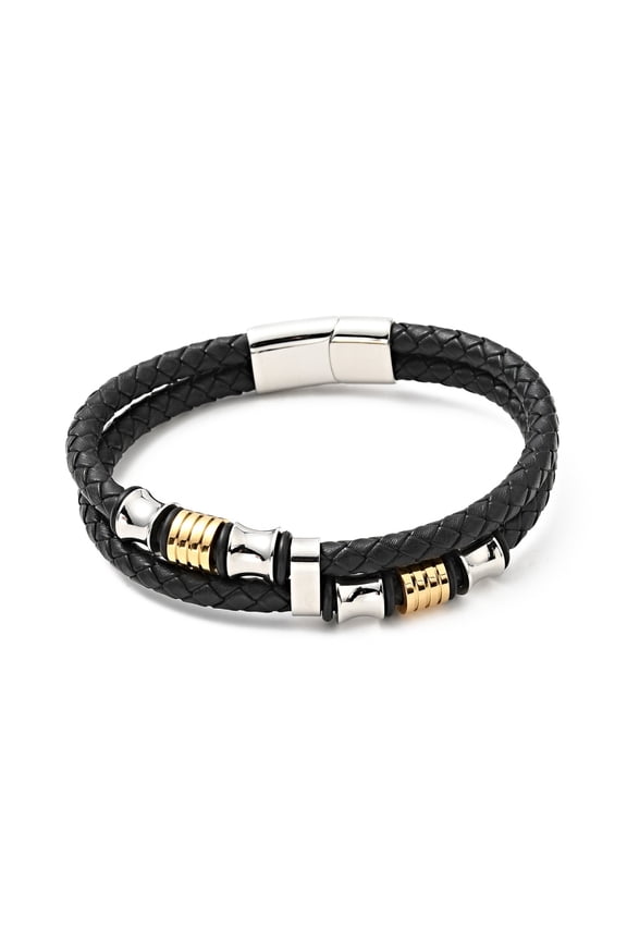 2 pc Cowhide Double Layer Bracelet with 304 Stainless Steel Magnetic Clasps Gothic Jewelry for Men Women Black 10 inch(25.5cm)