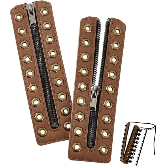 2 pc Cowhide Leather Lace-in Boot Zipper Inserts Tieless Shoe Laces with Alloy Loops Camel 17.5x5x0.5cm