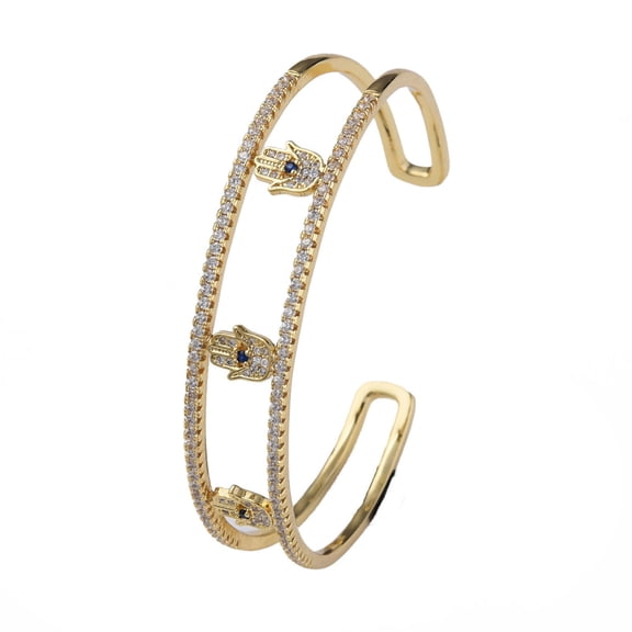 2 pc Cubic Zirconia Hamsa Hand Open Cuff Bangle Real 18K golden Plated Brass Jewelry for Women Blue Inner Diameter: 2-3/8 inch(5.9cm)