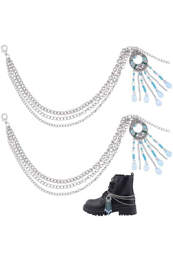 2 pc Ethnic Style Alloy Multilayer Shoe Decoration Chain with Tassel Charms Silver & Platinum 298mm