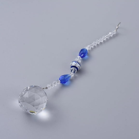 2 pc Faceted Glass Ball Chandelier Suncatchers Prisms with Alloy Beads Blue 190mm