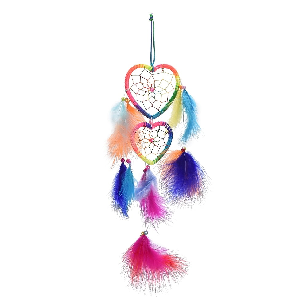 2 pc Feather Double Heart Woven Net/Web with Beaded Wind Chimes for ...