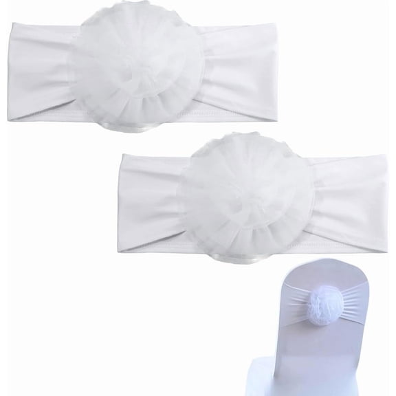 2 pc Flower Polyester Stretch Chair Sashes Bows Wedding Chair Back Decoration White 330x160x48mm for DIY