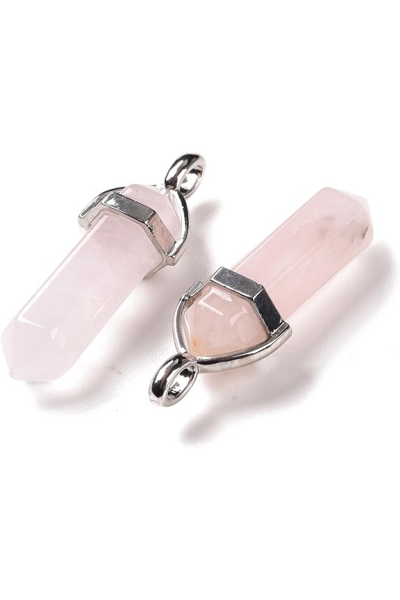 2 pc Gemstone Double Terminated Pointed Pendants with Metal Findings Bullet Platinum Metal color 39~41x10~12x8~10mm Hole: 4x3mm