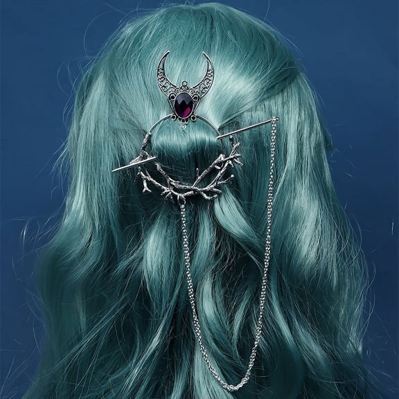 2 pc Gothic Witch Theme Branch Alloy Rhinestone Hair Cuff Pin Hair Sticks Ponytail Holder Purple 370mm