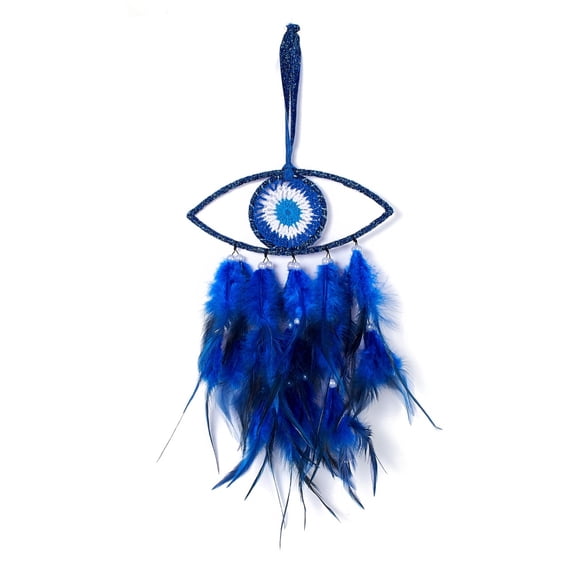 2 pc Handmade Evil Eye Woven Net/Web with Feather Wall Hanging Decoration with Beads for Home Offices Amulet Ornament Dark Blue 460mm
