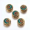 thumbnail image 1 of 2 pc Handmade Indonesia Beads with Brass Findings Nickel Free Flat Round Unplated Green 12~13x6~7.5mm Hole: 2mm, 1 of 1
