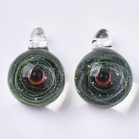 2 pc Handmade Lampwork Pendants Bead in Bead Pendants Round with Starry Sky Yellow Green 28.5~30x20~21x19~20mm Hole: 3~4mm