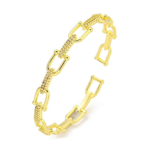 2 pc Horseshoe Brass Micro Pave Clear Cubic Zirconia Open Cuff Bangles for Women Real 18K golden Plated Inner Diameter: 2-1/8 x 2-3/8 inch(5.45x6cm) 8mm