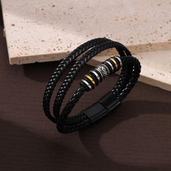 2 pc Imitation Leather Cord Multi-strand Bracelets for Men with Magnetic Clasps Black 7-1/2 inch(19cm)