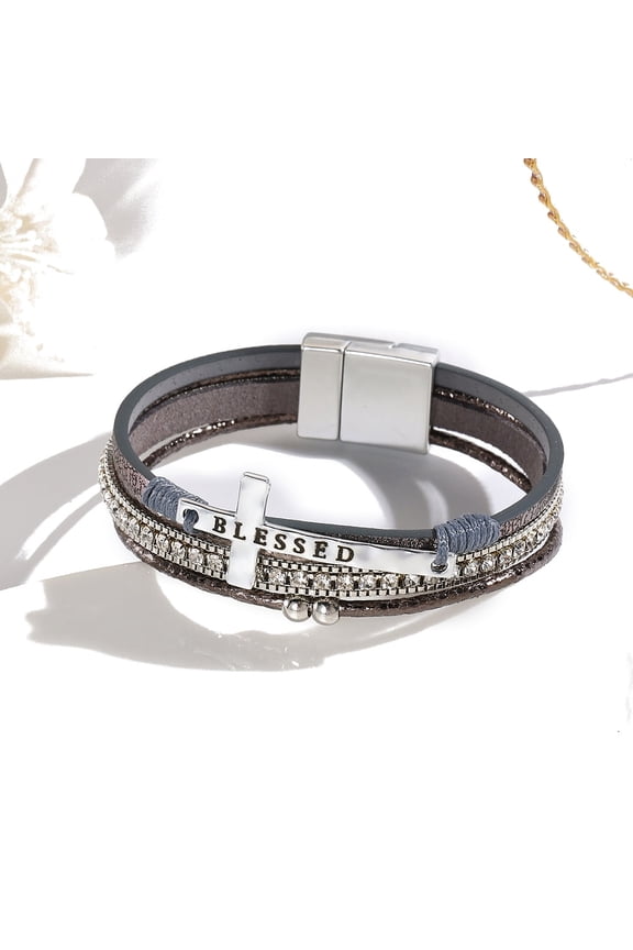 2 pc Imitation Leather Mutli-strand Bracelets Cross Bracelets with Stainless Steel Magnetic Clasps Gainsboro 7-5/8 inch(19.5cm)