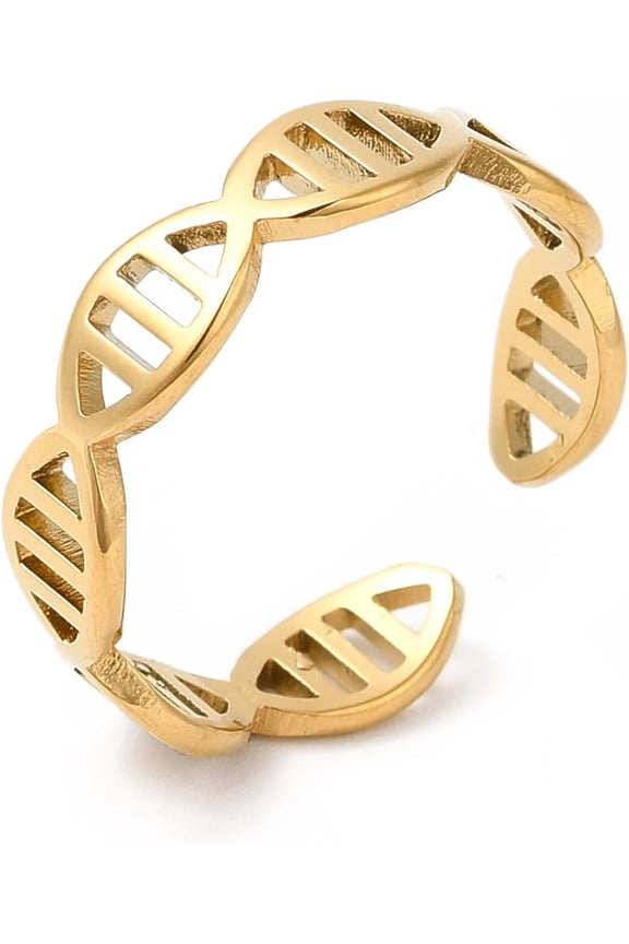 2 pc Ion Plating(IP) 201 Stainless Steel Ring Open Cuff Ring DNA Molecule Double Helix Structure Ring for Men Women Real 18K Gold Plated