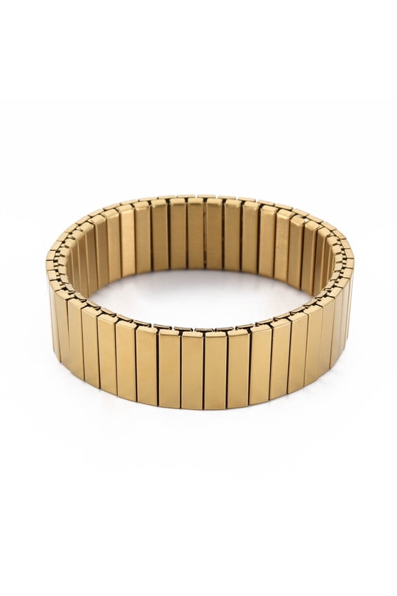 2 pc Ion Plating(IP) Stainless Steel Rectangle Stackable Stretch Bracelet Block Tile Wide Wristband for Men Women Golden Inner Diameter: 2 inch(5.2cm)