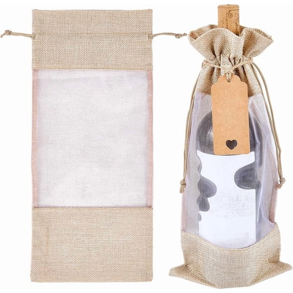 2 pc Jute Cloth Wine Bottle Storage Pouches Rectangle Drawstring Bags with Visible Window Wheat 36.7x16.5x0.3cm