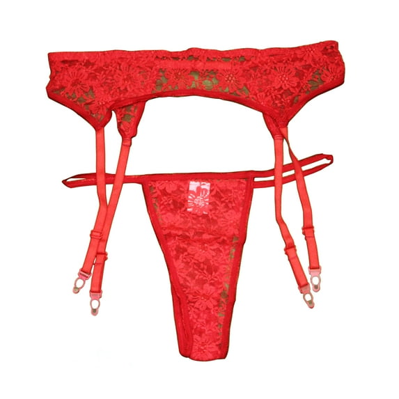 2 pc. Lace Garter Belt Set With Matching Thong - L/XL - Red