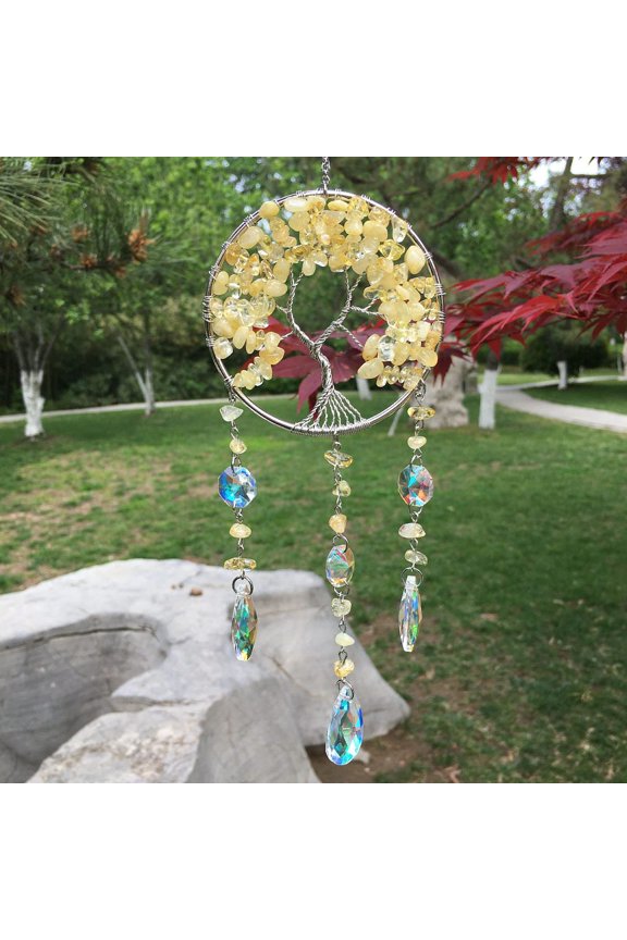 2 pc Metal Wire Wrapped Natural Citrine Chips Flat Round with Tree of Life Pendant Decorations. Hanging Suncatchers with Glass Teardrop Charm 300x80mm